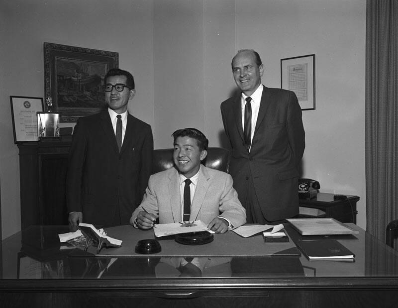 [Henry T. Muranaka at State Assistant Attorney General Frank J. Mackin's office for Boy's Week in Government at State building, Los Angeles, California, January 30, 1958]