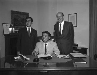 [Henry T. Muranaka at State Assistant Attorney General Frank J. Mackin's office for Boy's Week in Government at State building, Los Angeles, California, January 30, 1958]