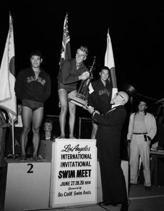 [American and Japanese swim teams at Los Angeles International Swim Meet, Los Angeles, California, June 27-29, 1958]