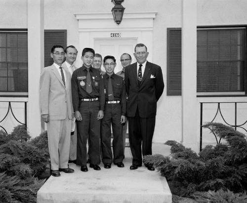 [Explorer Scouts James Hisatomi and Dale Kunitomi, God and Country award recipients, at Monroe Street Christian Church, Los Angeles, California, July 13, 1958]