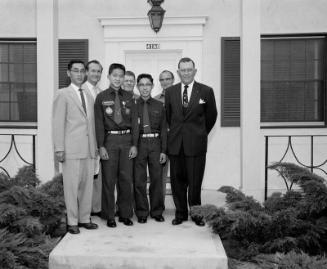 [Explorer Scouts James Hisatomi and Dale Kunitomi, God and Country award recipients, at Monroe Street Christian Church, Los Angeles, California, July 13, 1958]