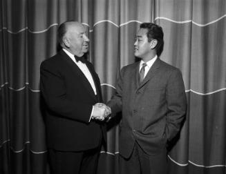 [Alfred Hitchcock and Hiroyuki "Tom" Kamifuji at 14th annual Western Advertising awards dinner-dance at Statler Hilton, Los Angeles, California, February 14, 1959]