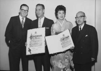 [Mayor Kobayashi of Nagoya City, Japan and official Los Angeles-Nagoya sister city pact at City Hall, Los Angeles, California, March 31, 1959]