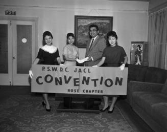 [PSWDC JACL convention publicity at Southern California JACL Regional office in Miyako Hotel, Los Angeles, California, April 27, 1959]