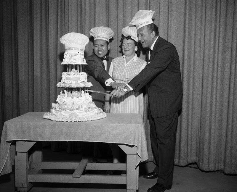 [George Izumi of Grace Pastries on Art Linkletter show to celebrate National Retail Bakers Week, California, April 22, 1960]