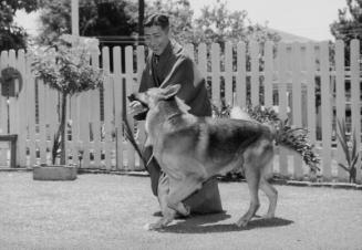 [Kabuki actor Utaemon Nakamura meets Rin-Tin-Tin and Old Yeller at Frank Barnes' house, Los Angeles, California, July 2, 1960]
