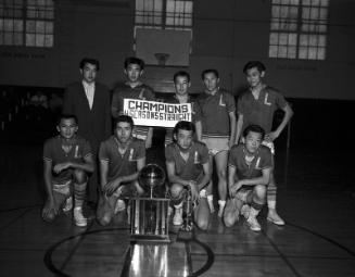 [Lords basketball team champions, portrait, California, March 18, 1961]