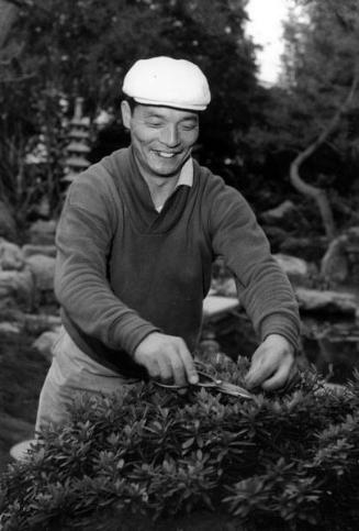 [Mr. Tanaka and Japanese garden at Grieve residence, Los Angeles, California, December 8, 1961]