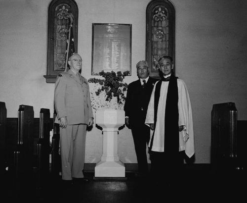 [Plaque dedication of World War II casualties of members at St. Marys Church, Los Angeles, California, May 28, 1950]