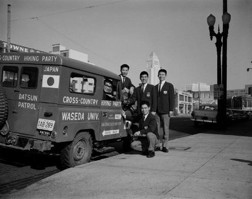 [Waseda University students from Japan and jeep, Los Angeles, California, January 14, 1964]