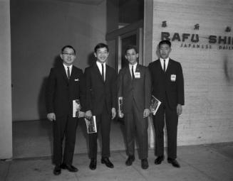 [Students from Japan in front of Rafu Shimpo office, Los Angeles, California, 1964]