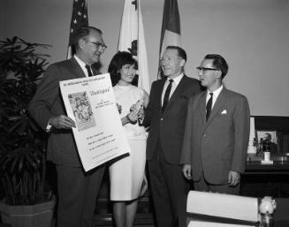 [Actress Nobu McCarthy promoting "Chushingura" at Mayor's office in Los Angeles City Hall, Los Angeles, California, April 28, 1965]