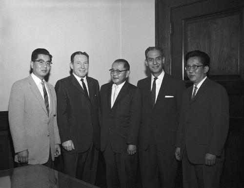 [Mayor Sam Yorty, Council man Ed Roybal and others at Los Angeles City Hall, Los Angeles, California, 1965]