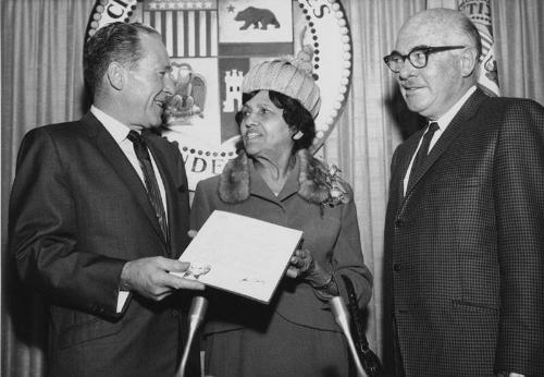 [Mrs. Rainey and Los Angeles Mayor Sam Yorty at City Hall, Los Angeles, California, March 16, 1966]