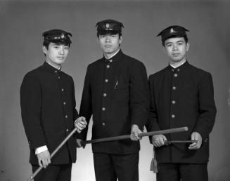 [Three Waseda University students in uniform, three-quarter portrait, Los Angeles, California, November 25, 1966]