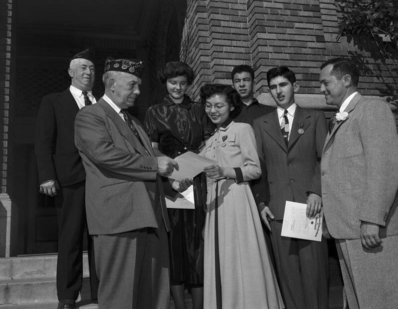 [Robert Louis Stevenson Junior High School students receiving American Legion school award, Los Angeles, California, January 25, 1951]