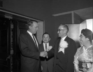 [Japan Air Lines President Shizuma Matsuo at the "Around the World service" inauguration reception held at the Statler Hotel, Los Angeles, California, February 24, 1967]