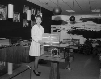 [Diane Kudo, contest winner at Haosuko Gem and Pearl Company in Kajima Building, Los Angeles, California, April 8, 1968]