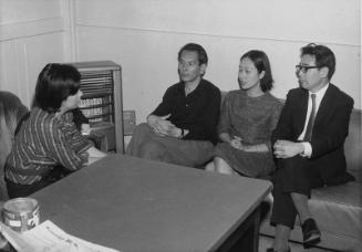[Mizu Tatematsu interviewing Japanese writers for Homecast Los Angeles radio station in Masago Hotel, California, May 3, 1968]