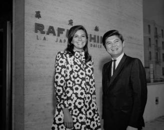 [Miss America Debra Barnes and Mike Yamano in front of Rafu Shimpo building, Los Angeles, California, September 6, 1968]