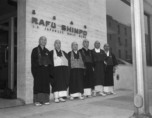 [Reverend Yamada and five Buddhist priests from Japan in front of Rafu Shimpo, Los Angeles, California, October 3, 1969]