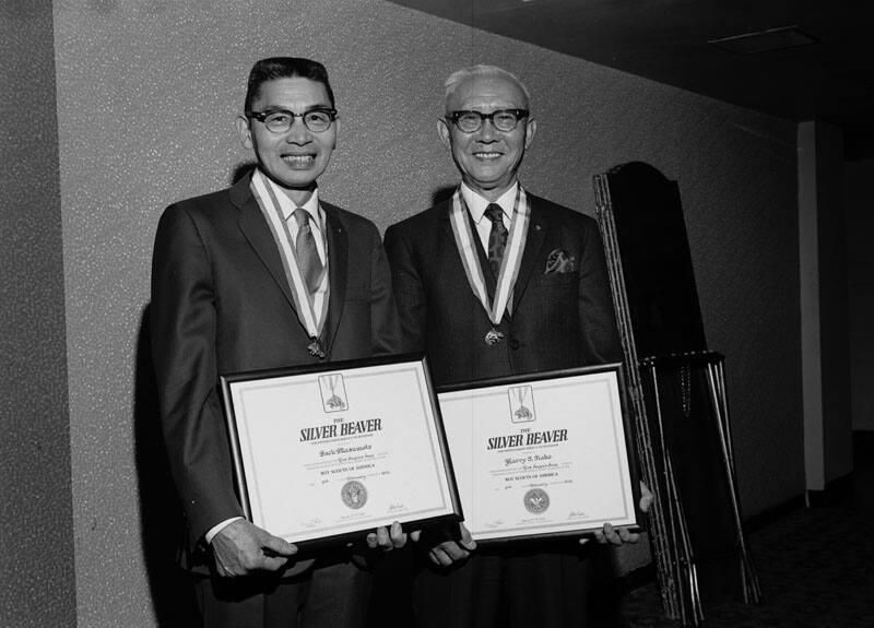 [Boy Scouts of America Silver Beaver award presentation to Jack Masumoto and Harry S. Nako at the Los Angeles Biltmore, Los Angeles, California, February 3, 1970]