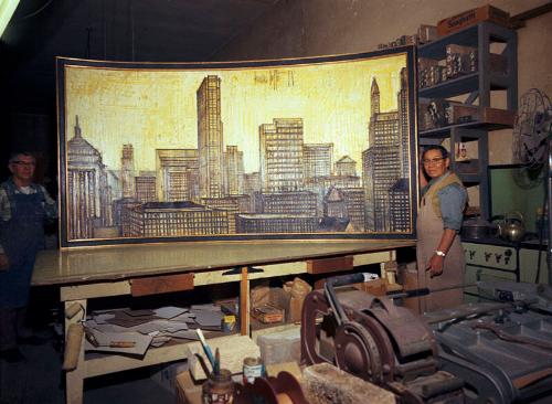 [Seichi Tsuchiya with Bernard Buffett painting at Aberdeen Frame Company, California, April 24, 1970]