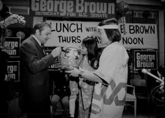 [George Brown for United States Senate Little Tokyo campaign headquarters and fundraiser luncheon at Kawafuku restaurant in Little Tokyo, Los Angeles, California, May 23, 1970]