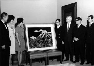 [Presentation of Mount Fuji mosaic from Mayor of Nagoya to Deputy Mayor Joseph M. Quinn at Los Angeles City Hall, Los Angeles, California, June 3, 1970]