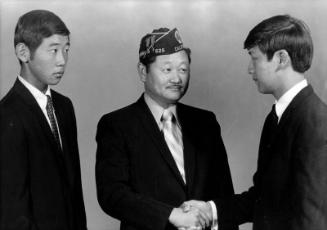 [Two Boys State delegates, with Harry Yamamoto of American Legion Commodore Perry Post, Los Angeles, California, June 13, 1970]