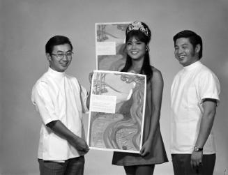 [Nisei Week queen Toni Sakamoto and drug abuse poster, Los Angeles, California, August 13, 1970]