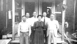 [Group portrait of five Okinawan men and one Okinawan woman at Jerome concentration camp, Denson, Arkansas, ca. 1942-1945]